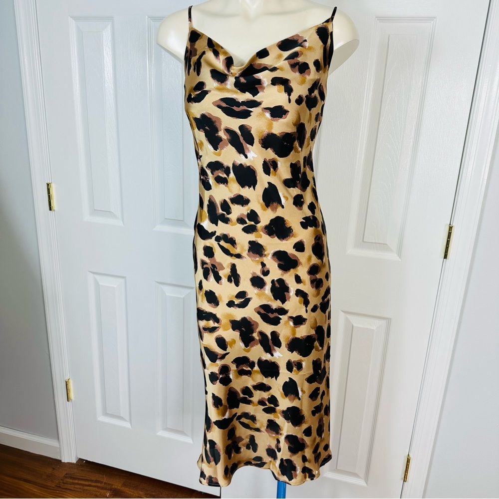 FOREVER 21 Dress ANIMAL PRINT dress PARTY DRESS slip dress flouncy tan black S - Picture 9 of 9